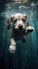 Blue-eyed puppy immersed in water, curious and exploring