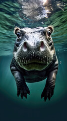 A curious young hippo gazes at the world above from its aquatic realm