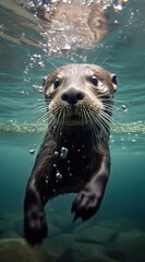 An otter's serene underwater journey, whiskers adorned with bubbles.