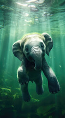 A baby elephant's endearing underwater adventure captured in a serene habitat.