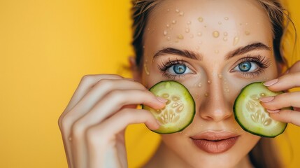 Young Woman Using Cucumber Slices and Beauty Mask for Skin Care - obrazy, fototapety, plakaty