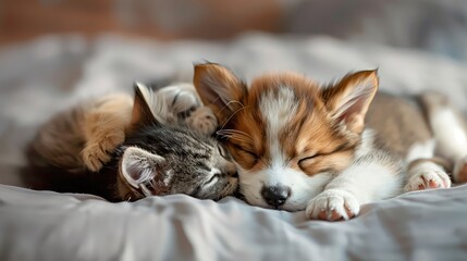 Adorable Puppy and Kitten in a Loving Embrace, Symbolizing Friendship and Togetherness