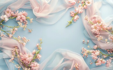 Top View of a Beautiful Wedding Background with Pastel Flowers and Pink Fabric on a Blue Background