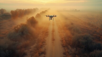 A drone flying over a dirt road in the ecoregion at sunset