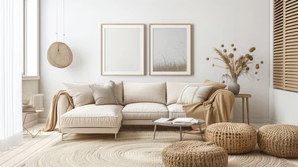 Foto op Canvas Innenausstattung eines Wohnzimmers mit leeren Bilderrahmen über dem Sofa, moderne Dekoration in Erdtönen, Teppichboden und Sitzkissen © SiSter-AI-Art