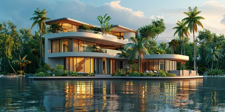 a modern house on an exotic island with tropical trees