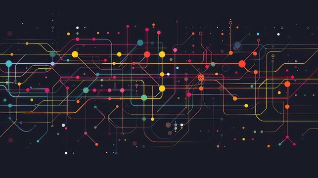 Abstract Subway Map with Colorful Lines and Dots on a Black Background, Flat Graphic Design