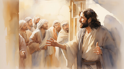 Jesus appearing to the disciples in the locked room. , watercolor style, white background - obrazy, fototapety, plakaty