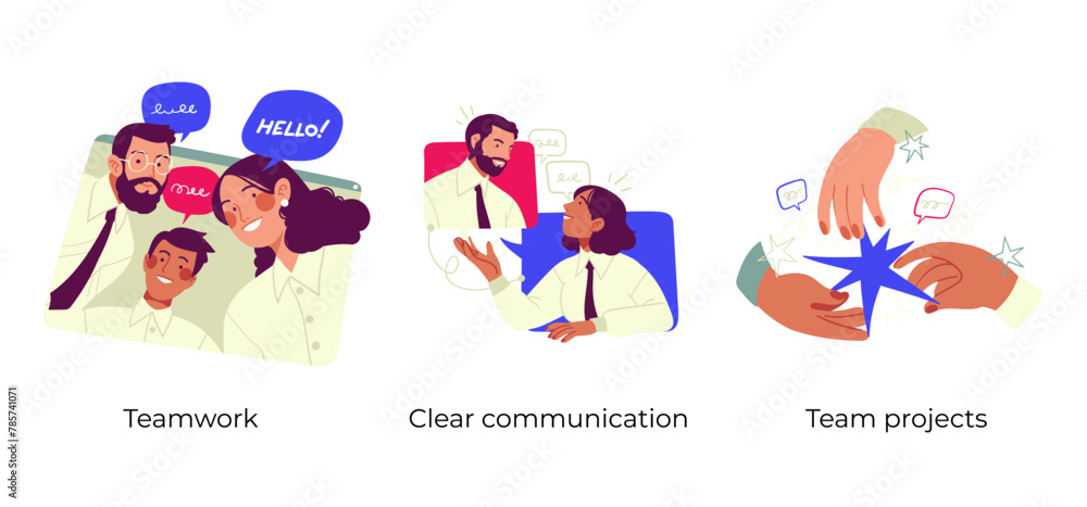 Poster teamwork tools and approach for successful business - set of concept illustrations. visual stories c