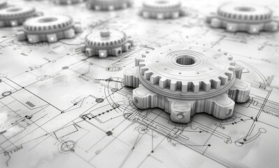 Technische Zeichnung mit mehreren dreidimensionalen Zahnr&auml;dern auf Grau, Maschinenbauteile in Vogelperspektive, Vektorgrafik