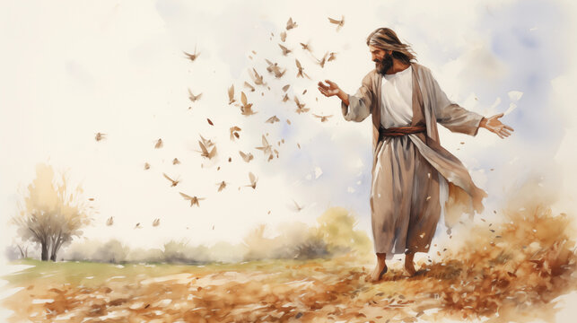 The parable of the sower, with Jesus scattering seeds. , watercolor style, white background