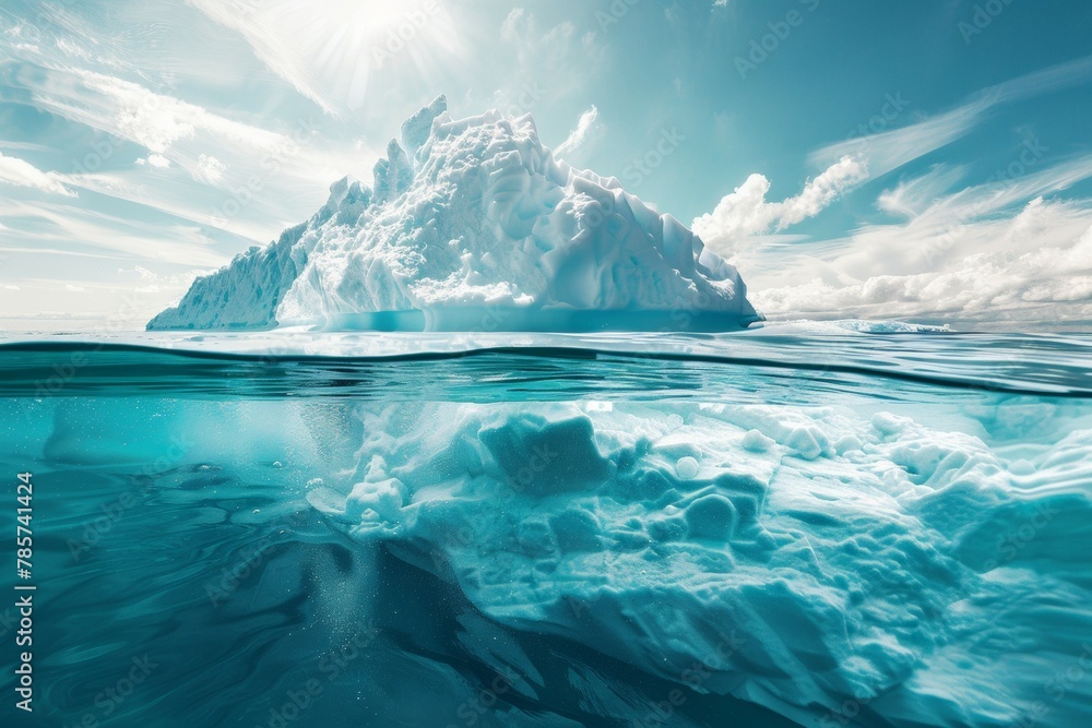Poster a large ice block is floating in the ocean. business concept