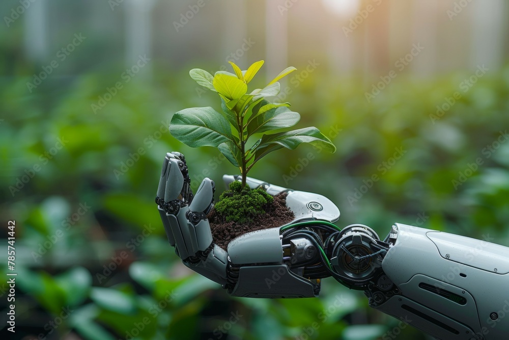 Poster a robot hand works on a modern farm. background with selective focus and copy space