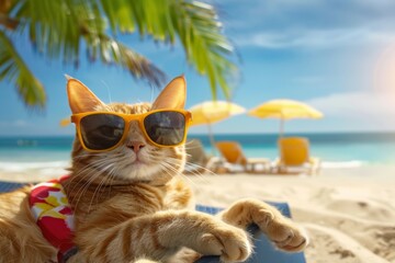 A cat wearing sunglasses and a red and yellow shirt is laying on a beach chair. Summer heat concept