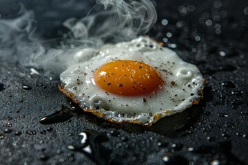Fried chicken egg on a black textured stone surface. Background with selective focus and copy space