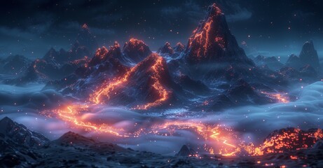 A mountain range with a lava flow and a city in the distance