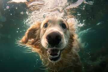 A dog is swimming in the water with its mouth open and tongue hanging out. Summer heat concept,...