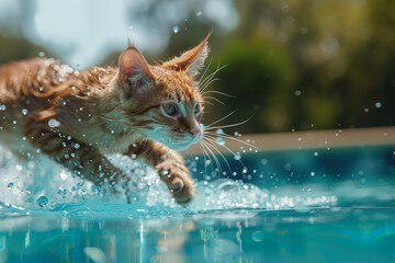 A cat is swimming in a pool. Summer heat concept, background
