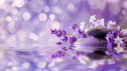 Lavender flowers with stones on water