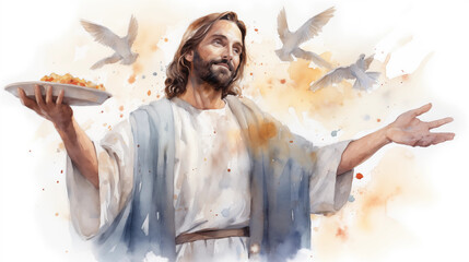 Jesus blessing the bread and fish before feeding the multitude. , watercolor style, white background