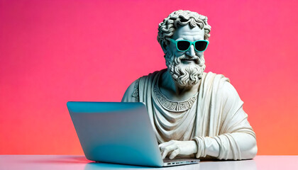 Greek statue smiling wear sunglasses working on laptop