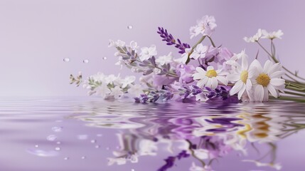 Elegant and serene display of various white and purple flowers delicately floating on calm water with ripples, reflecting the beauty and calmness of nature