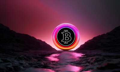 Bitcoin logo, at dawn