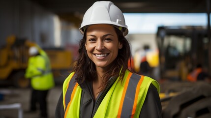 portrait of smiling female engineer on site wearing hard hat, high vis vest, and ppe - Powered by Adobe