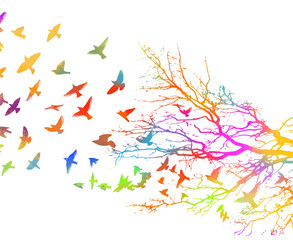 Tree and flying colored birds in the sky. hand drawing. Not AI, Vector illustration