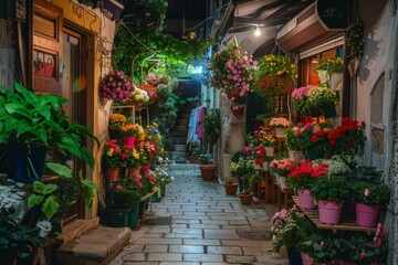 Fototapeta na wymiar night street. old city center. beautiful flower shop