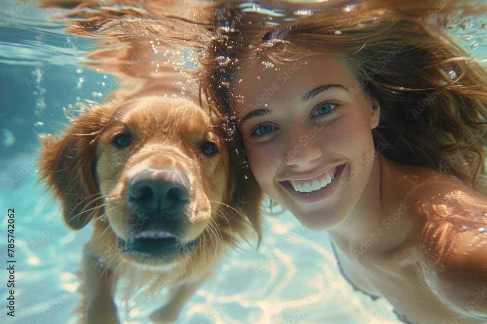 Sticker A woman and her dog are in a pool, with the woman smiling. Summer heat concept, background