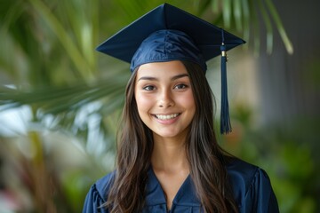 A woman wearing a blue graduation cap and gown is smiling for the camera