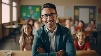Portrait of smiling male teacher in a class at elementary school looking at camera with learning students on background.