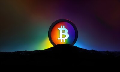 Bitcoin logo at sunset in rainbow colors