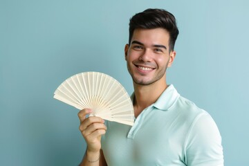 A man is smiling and holding a fan. Summer heat concept