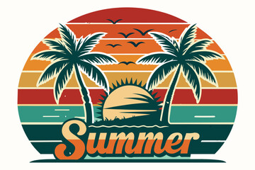 sunset with palm tree vector illustration