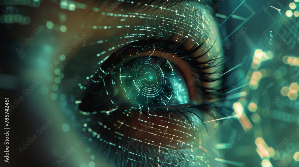 Poster close-up of human eye with digital overlay signifying technology interface