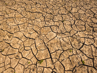 Overhead view of dry, cracked soil. Drought conditions have caused water to recede on a riverbed, creating arid conditions in the soil.