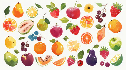 large page of fruits on white background - obrazy, fototapety, plakaty