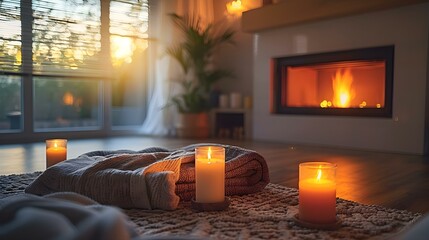 Cozy Minimalist Haven with Fireplace Ambiance and Candle Glow. Concept Cozy Home Decor, Fireplace Ideas, Candlelight Aesthetics, Minimalist Living