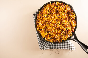 Baião de Dois traditional Brazilian food made with rice, beans, sausage and rennet cheese