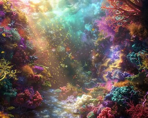 Obraz na płótnie Canvas A vibrant digital artwork depicting a cosmic coral reef floating in a nebula space. The colorful corals ethereal glow create a surreal and captivating seascape, perfect for fantasy, underwater,space