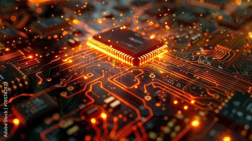 Poster Close-Up of Illuminated Microchip Circuitry
