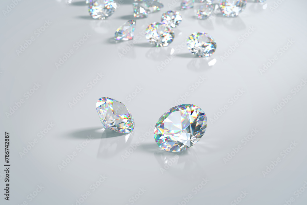 Poster diamonds group placed on glossy background 3d rendering soft focus