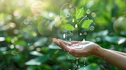 Water pouring in woman hand with icons energy sources for renewable, sustainable development. Ecology concept on nature green leaf background. Earth day. Environment issues - obrazy, fototapety, plakaty