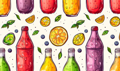  a collection of colorful bottles of juice with fruits and berries