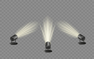 Spotlights set, stage and studio light, realistic hanging lamps. Spot lights and searchlights for concert. Vector