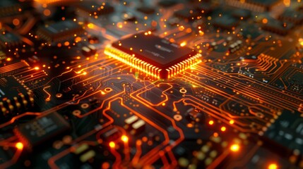 Close-Up of Illuminated Microchip Circuitry