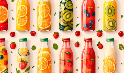  a collection of colorful bottles of juice with fruits and berries