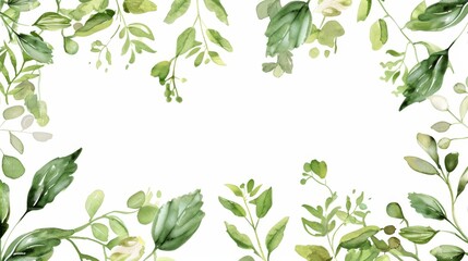 Fresh green leaves and branches on white background, watercolor hand drawn illustration